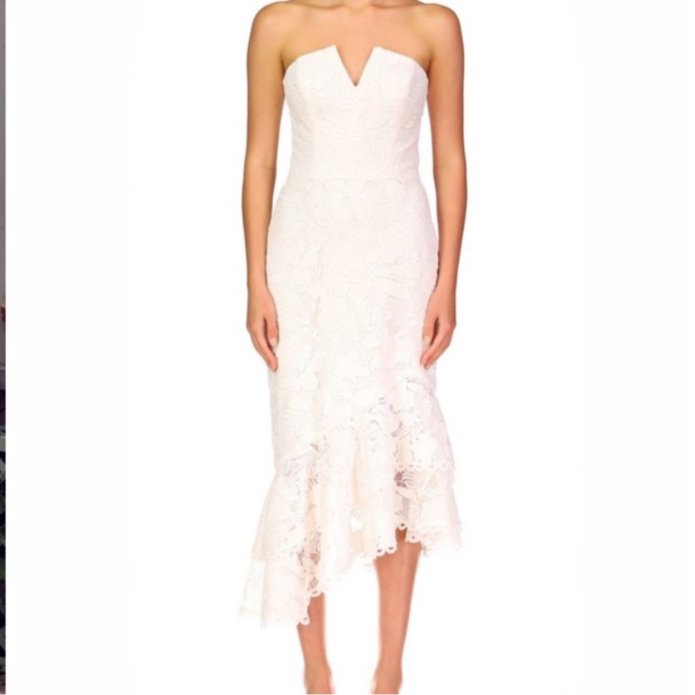 Theia Mika White Strapless Lace Dress